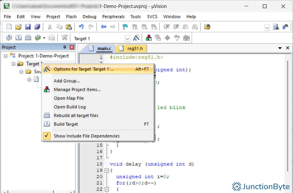 Right-Click-on-Target-1-for-Options-in-Keil-µVision-IDE